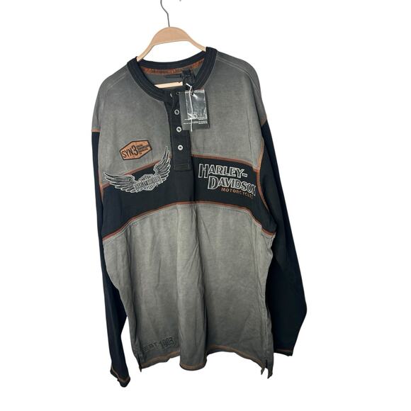 Harley Davidson Motorcycles Embroidered Iron Block Henley Style Long Sleeve 3XL - Picture 1 of 3